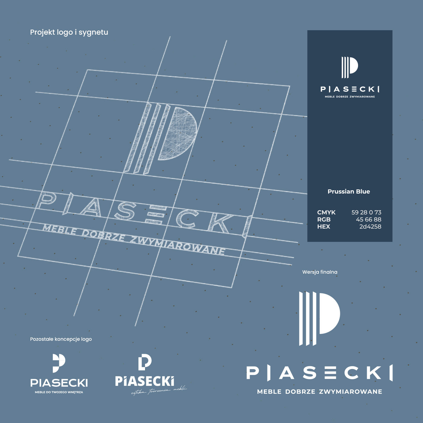 Projekt logo i sygnetu Piasecki Meble dobrze zwymiarowane. Pozostałe koncepcje logo i wersja finalna.