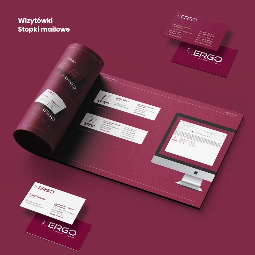 Projekt wizytówki oraz stopki mailowej według zaprojektowanej identyfikacji wizualnej firmy Ergo Doradztwo Finansowe